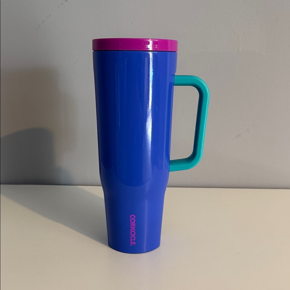 Corkcicle Blue Mug with Pink Lid and Teal Handle